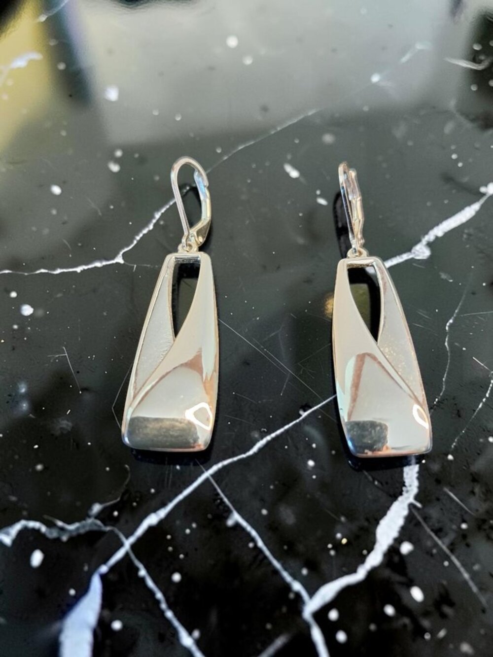 Anne Klein Silver Tone Geometric Open Trapezoid 2" Drop Leverback Earrings Jewel